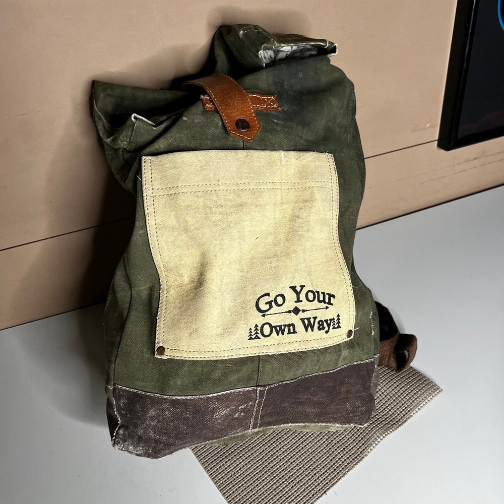 Mona B Go Your Own Way Upcycled Canvas Roll Top Backpack Olive Green